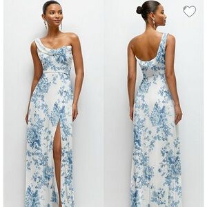 Dessy Group size 12 Blue & White Floral One-Shoulder Bridesmaid Dress